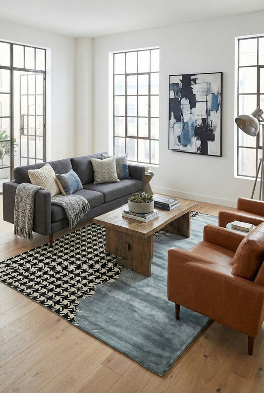 Black & Blue Abstract Hand Tufted Wool Area Rug – Modern Geometric Living Room Carpet, Luxury Contemporary Handmade Floor Rug, Soft Premium Designer Rug for Bedroom & Home Decor