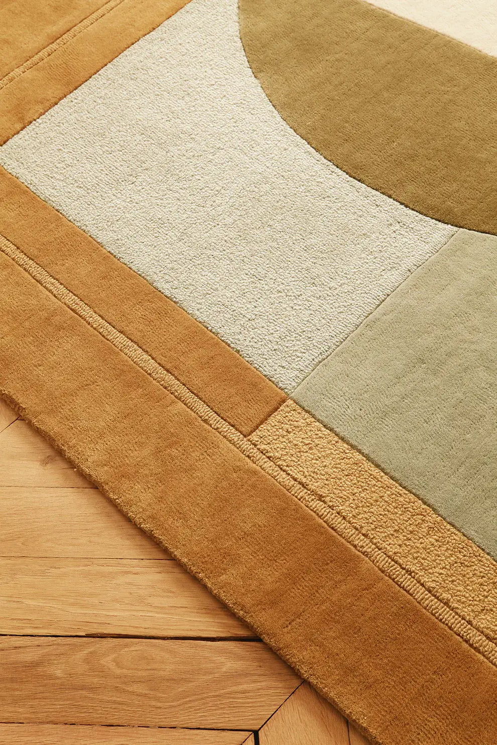 Abstract Neutral Hand Tufted Wool Rug – Modern Geometric Beige & Sage Green Area Rug for Living Room & Bedroom