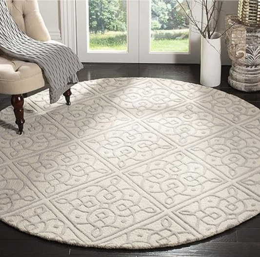 Elegant Round Embossed Area Rug – Ivory Textured Carpet with Classic Pattern for Living Room, Bedroom, or Entryway