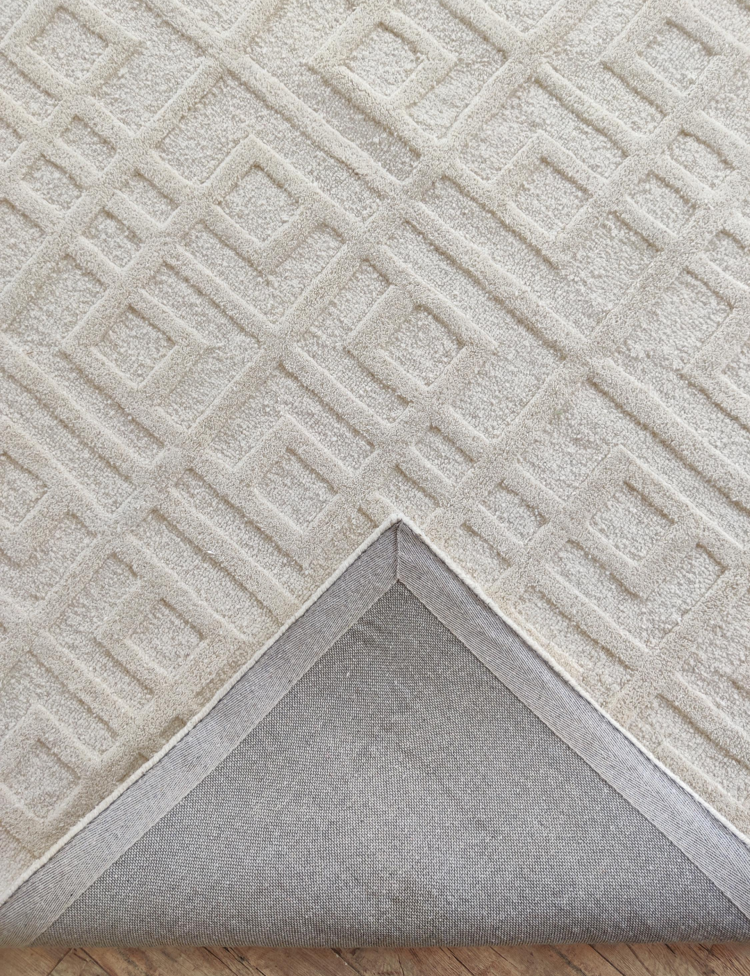 Handmade Beige Wool Rug | Modern Geometric Embossed Pattern Area Carpet | Minimalist Neutral Floor Rug for Living Room, Bedroom & Office Decor