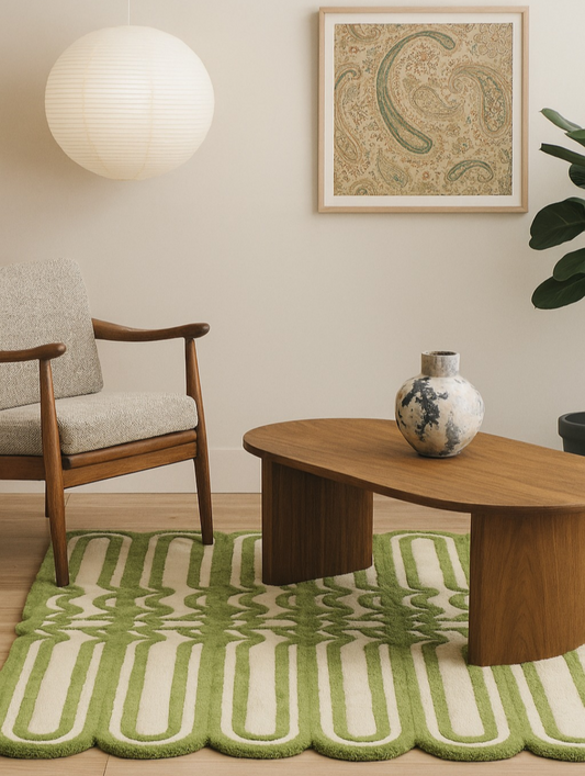 Modern Geometric Green & Cream Hand-Tufted Rug – Abstract 3D Optical Illusion Carpet for Living Room & Bedroom Decor