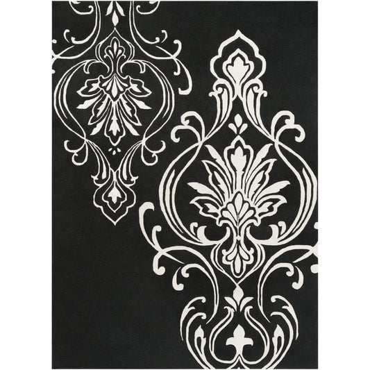 Elegant Black & White Damask Area Rug – Vintage Baroque Floral Carpet for Living Room, Bedroom & Entryway Decor