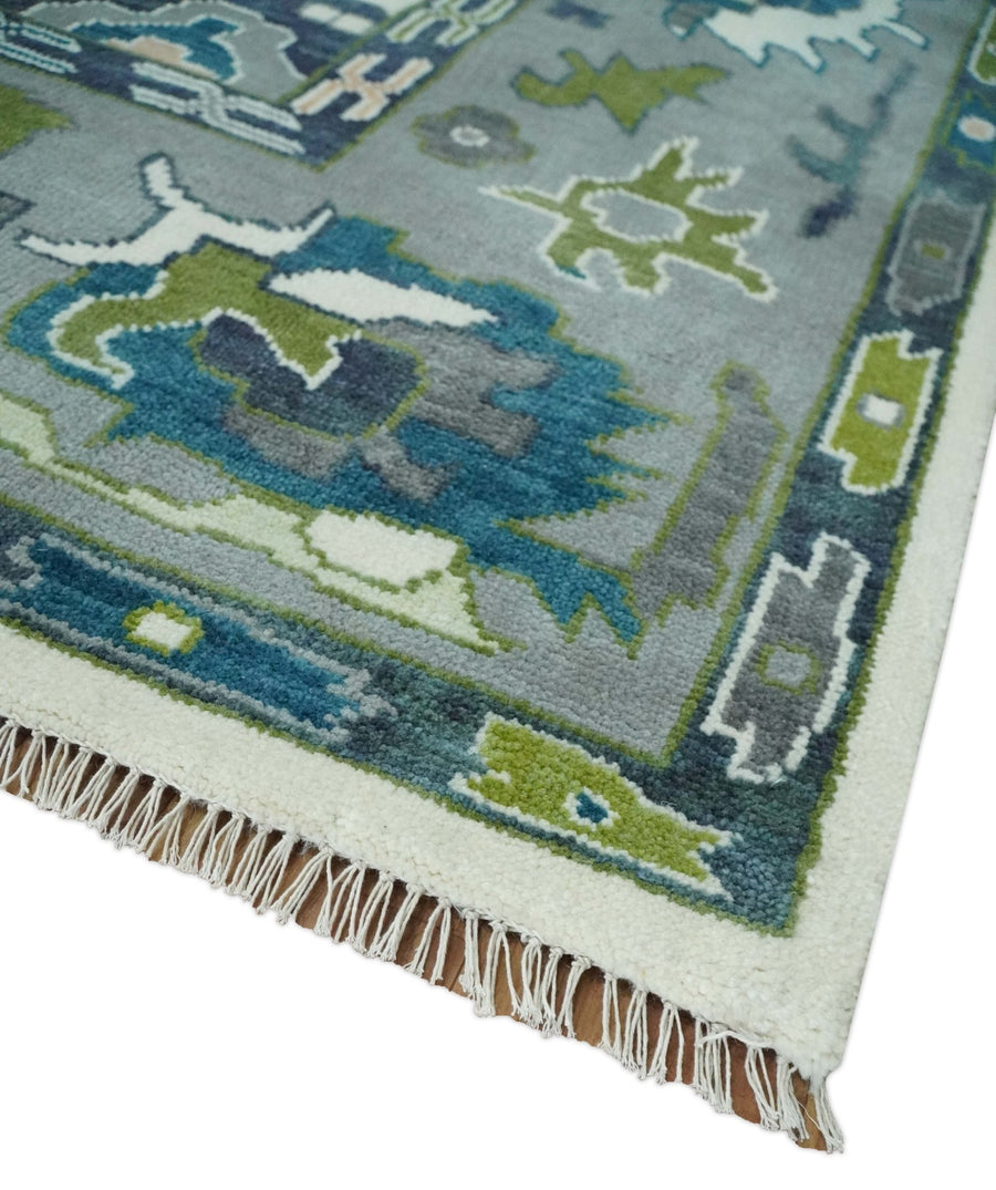 Handknotted Oushak Rug – Genuine Turkish Wool Oriental Carpet | Modern Blue & Green Floral Design