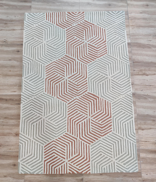 Handmade Geometric Wool Rug | Modern 3D Cube Pattern Area Carpet | Orange & Grey Contemporary Floor Rug for Living Room, Bedroom & Office