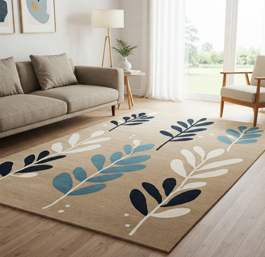 Modern Leaf Pattern Area Rug – Beige and Blue Botanical Carpet for Living Room, Bedroom, or Office Décor