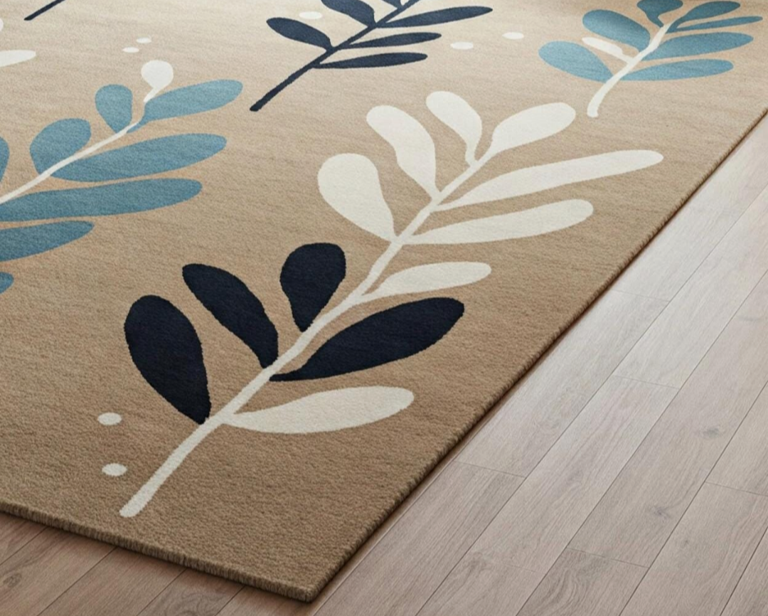 Modern Leaf Pattern Area Rug – Beige and Blue Botanical Carpet for Living Room, Bedroom, or Office Décor