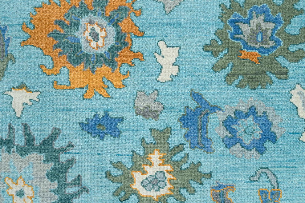 Hand-Knotted Blue Oushak Rug – Authentic Turkish Wool Area Carpet | Luxurious Handmade Oriental Design