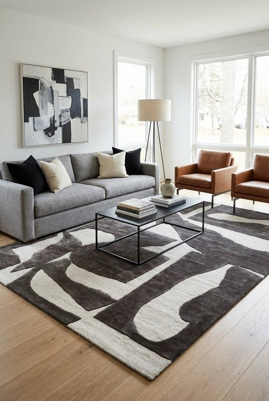 Hand Tufted Abstract Black & Ivory Wool Area Rug – Modern Geometric Handmade Carpet for Living Room, Bedroom & Dining Room | Luxury Contemporary Home Decor