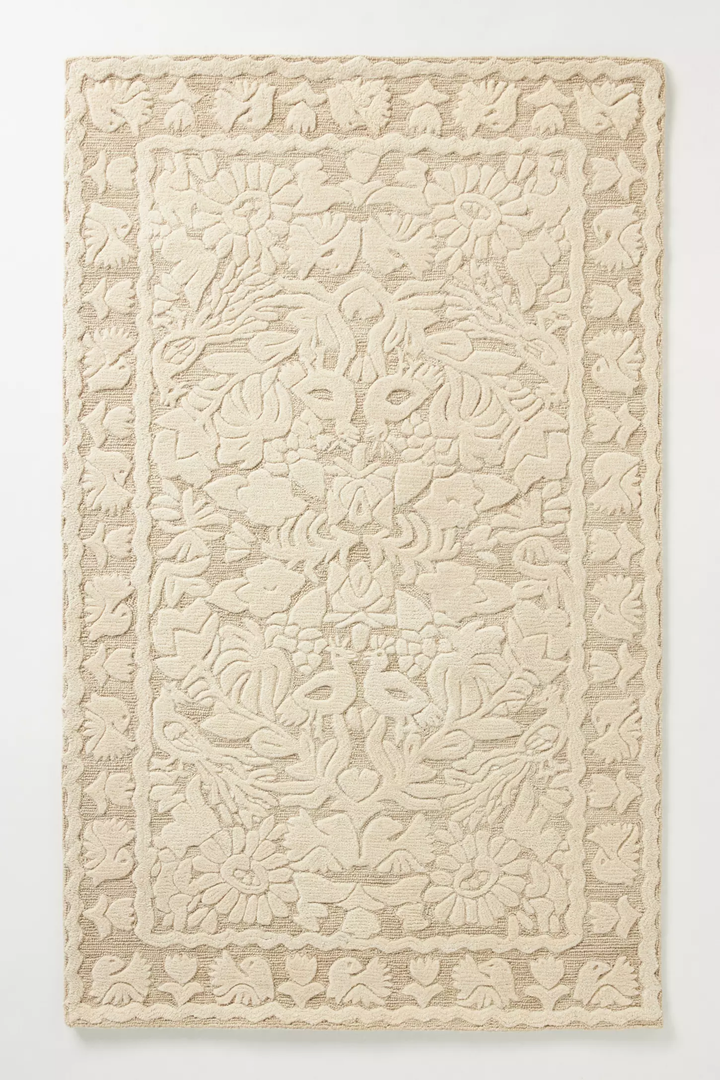 Hand Tufted Ivory Floral Area Rug – Handmade Cream Wool Rug, Scandinavian Boho Rug, Textured Botanical Carpet, Neutral Living Room Rug, Modern Farmhouse Decor