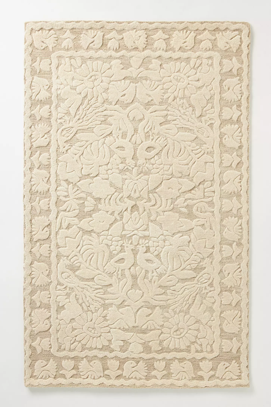 Hand Tufted Ivory Floral Area Rug – Handmade Cream Wool Rug, Scandinavian Boho Rug, Textured Botanical Carpet, Neutral Living Room Rug, Modern Farmhouse Decor