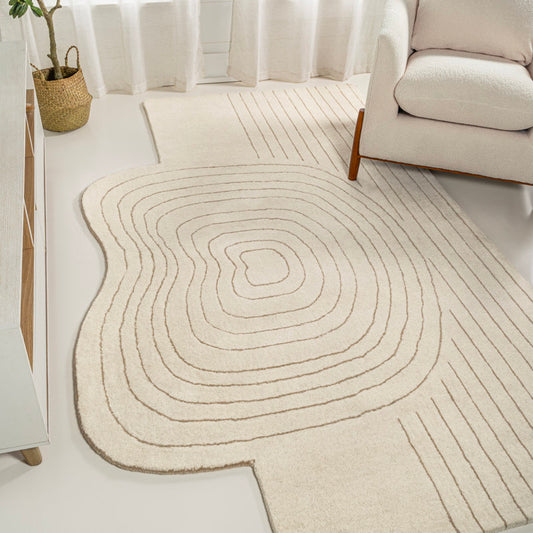 Modern Irregular Hand-Tufted Rug – Cream Textured Neutral Area Carpet for Living Room