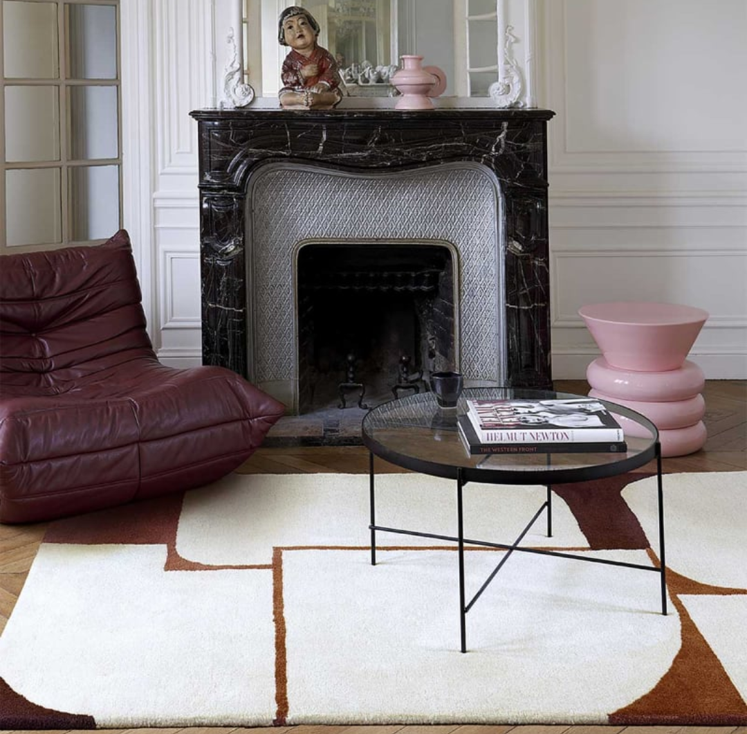 Modern Abstract Geometric Wool Rug | Hand-Tufted Minimalist Area Carpet | Cream Brown Burgundy Contemporary Design | Living Room Bedroom Decor