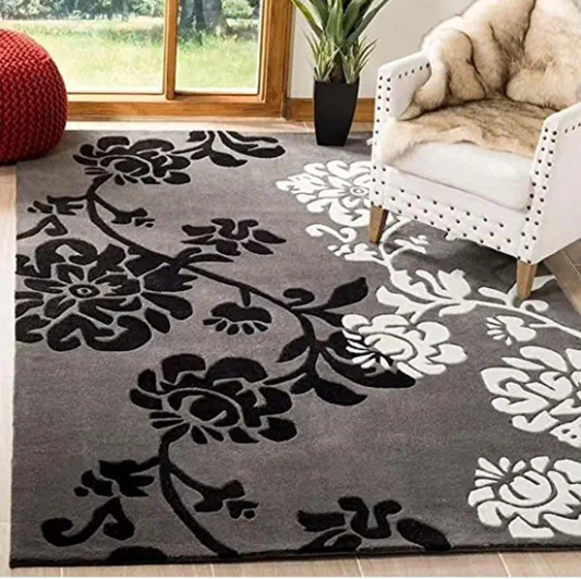 Floral Pattern Area Rug – Elegant Black, White & Grey Carpet for Living Room & Bedroom
