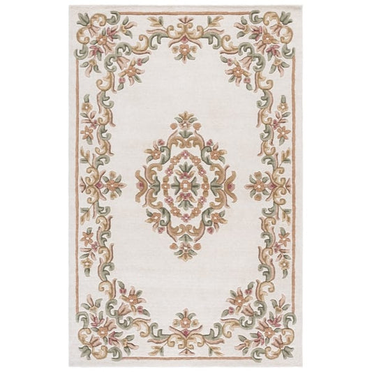 Elegant Floral Border Wool Area Rug – Vintage Ivory with Pastel Green & Rose Accents for Living & Dining Rooms