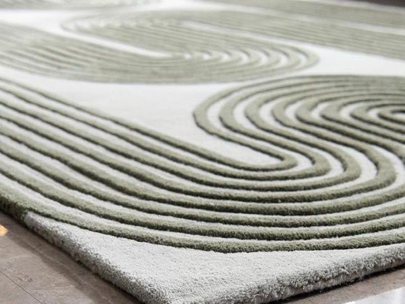 Modern Geometric Area Rug – 3D Carved Line Pattern in Beige & Olive Green for Living Room, Bedroom, and Contemporary Home Décor
