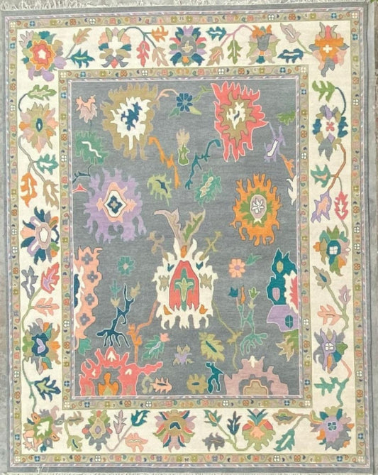 Gray Handknotted Oushak Rug – Multicolor Turkish Wool Carpet | Modern Floral Oriental Area Rug for Living Room & Bedroom Decor