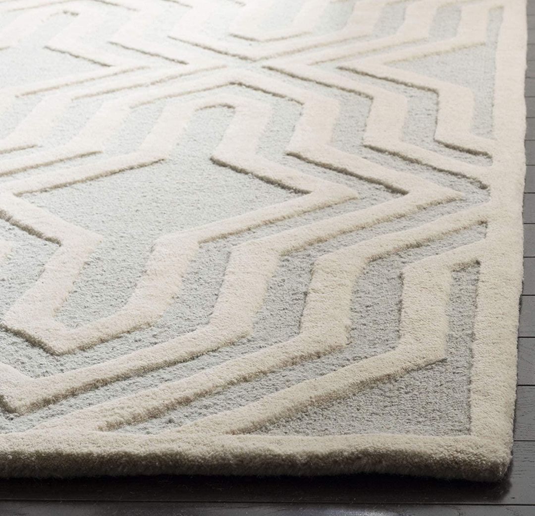 Modern Cream Geometric Wool Rug | 3D Textured Handmade Carpet for Living Room