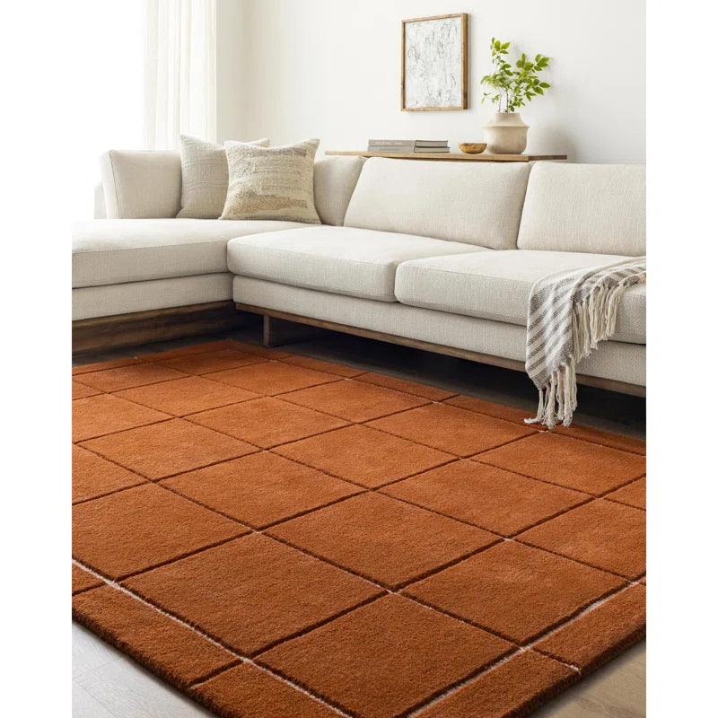 Artisan Hand-Tufted Terracotta Wool Rug | Grid and Border Design for a Warm, Modern Feel
