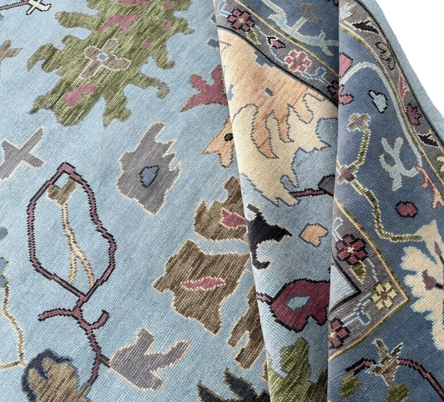 Hand Knotted Oushak Rug Turkish Style | Vintage Boho Area Carpet | Living Room Oriental Wool Rug