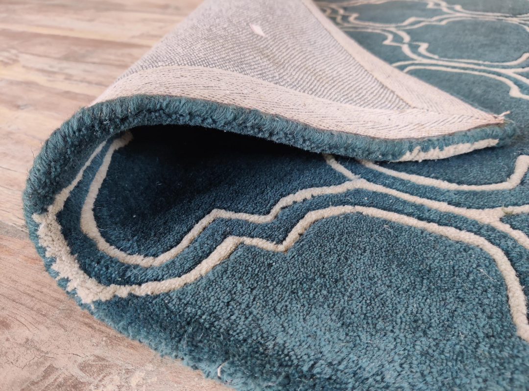 Handmade Moroccan Trellis Wool Rug | Modern Blue & Ivory Geometric Area Carpet | Stylish Living Room, Bedroom & Office Floor Decor