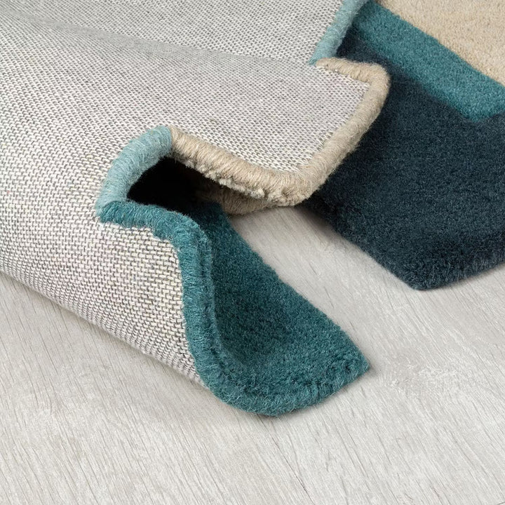 Modern Geometric Hand Tufted Wool Area Rug – Abstract Blue, Teal, Beige & Charcoal Color Block Carpet – Scandinavian Contemporary Living Room Rug – Handmade Luxury Floor Rug
