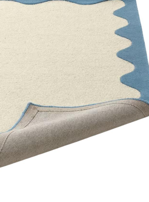 Modern Wavy Border Area Rug – Minimalist Cream Carpet with Blue Edge for Living Room, Bedroom & Contemporary Home Décor