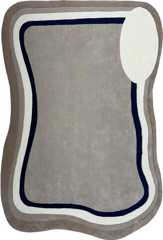 Modern Abstract Hand-Tufted Rug | Wavy Border Contemporary Area Carpet | Neutral Minimalist Accent Rug for Living Room & Bedroom
