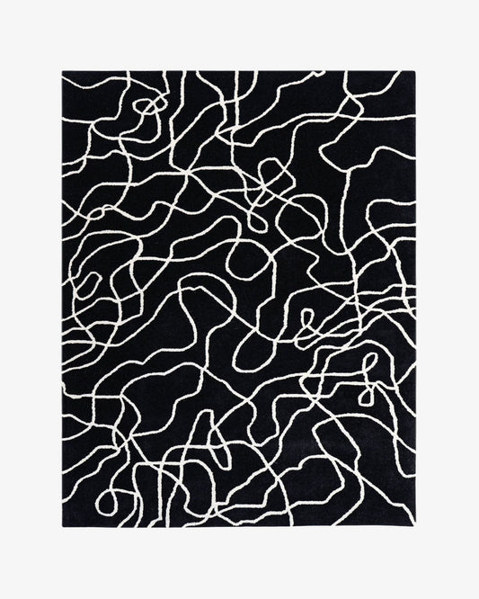 Black & White Abstract Hand Tufted Rug – Modern Minimalist Wool Area Rug for Living Room, Luxury Contemporary Carpet