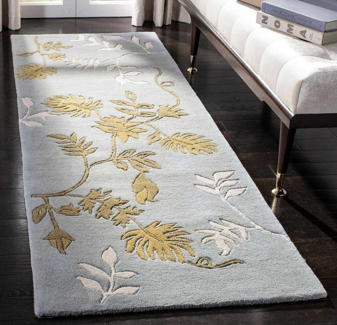 Hand Tufted Botanical Area Rug – Luxury Blue Wool Rug with Raised Floral Leaf Design | Modern Handmade Living Room, Bedroom & Dining Room Carpet