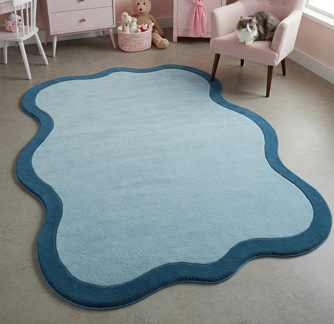 Blue Irregular Wavy Edge Area Rug – Soft Modern Carpet for Kids Room, Nursery, or Bedroom – Unique Playful Floor Mat