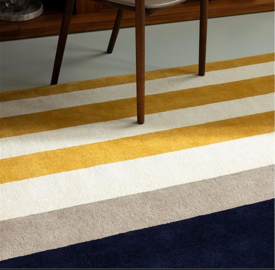 Modern Striped Area Rug – Hand-Tufted Mustard, Black & Neutral Carpet for Living Room, Bedroom & Office Decor