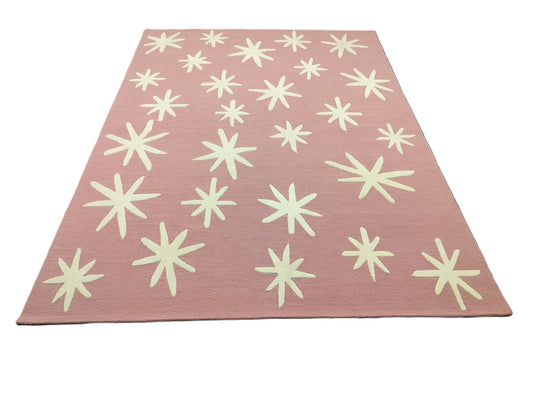 Pink Area Rug with White Starburst Pattern – Modern Hand-Tufted Wool Carpet for Living Room, Bedroom & Playroom Décor