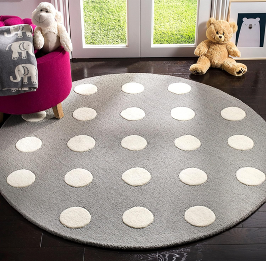 Gray Polka Dot Round Kids Rug – Soft Area Carpet for Nursery, Playroom & Baby Room Decor