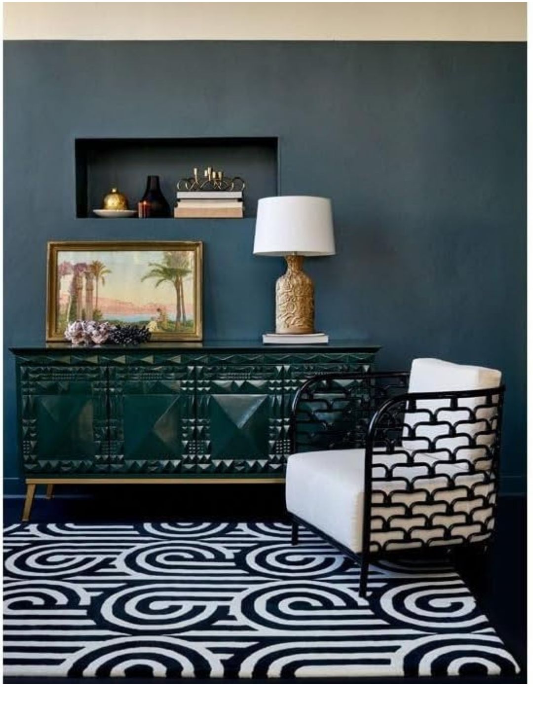 Modern Black and White Geometric Rug – Hand-Tufted Wool Area Carpet – Retro Arch Pattern for Living Room or Bedroom Decor