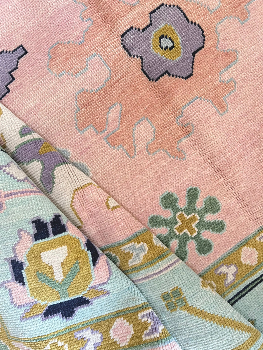 Hand Knotted Oushak Rug – Blush Pink Pastel Turkish Wool Vintage Area Carpet