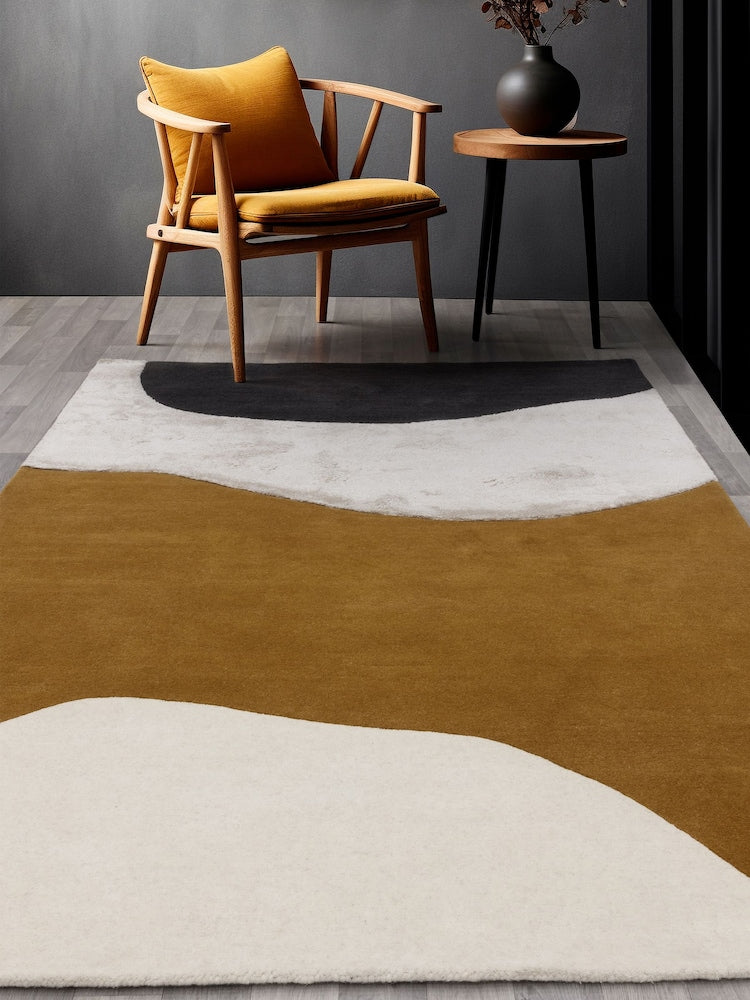 Modern Abstract Landscape Area Rug – Hand-Tufted Wool Carpet in Mustard, Cream & Black for Living Room, Bedroom & Contemporary Home Decor