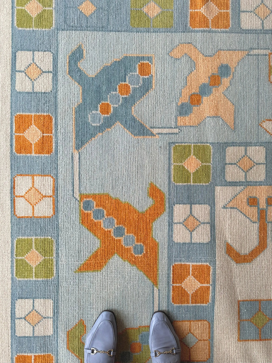 Hand Knotted Oushak Rug – Pastel Blue Turkish Wool Vintage Medallion Area Carpet