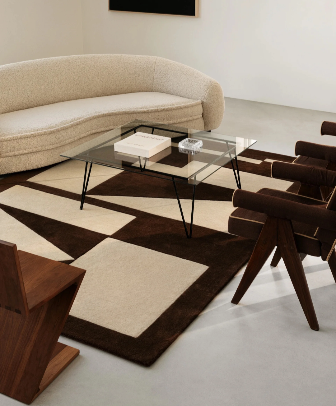 Modern Geometric Area Rug – Brown and Cream Abstract Wool Carpet for Living Room & Bedroom Decor