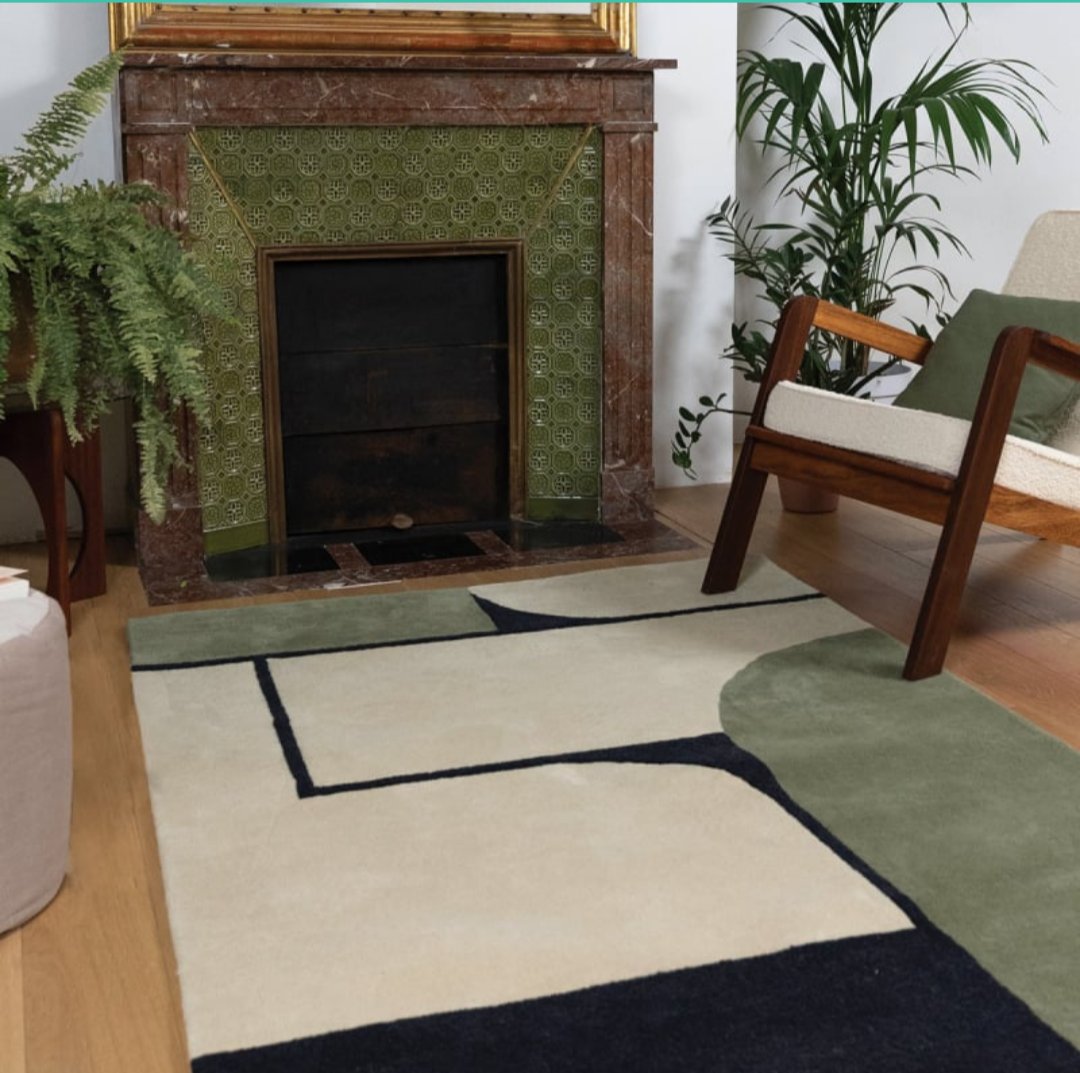 Modern Geometric Rectangle Rug – Hand-Tufted Wool Carpet | Green Black Beige Contemporary Area Rug for Living Room, Bedroom, Office