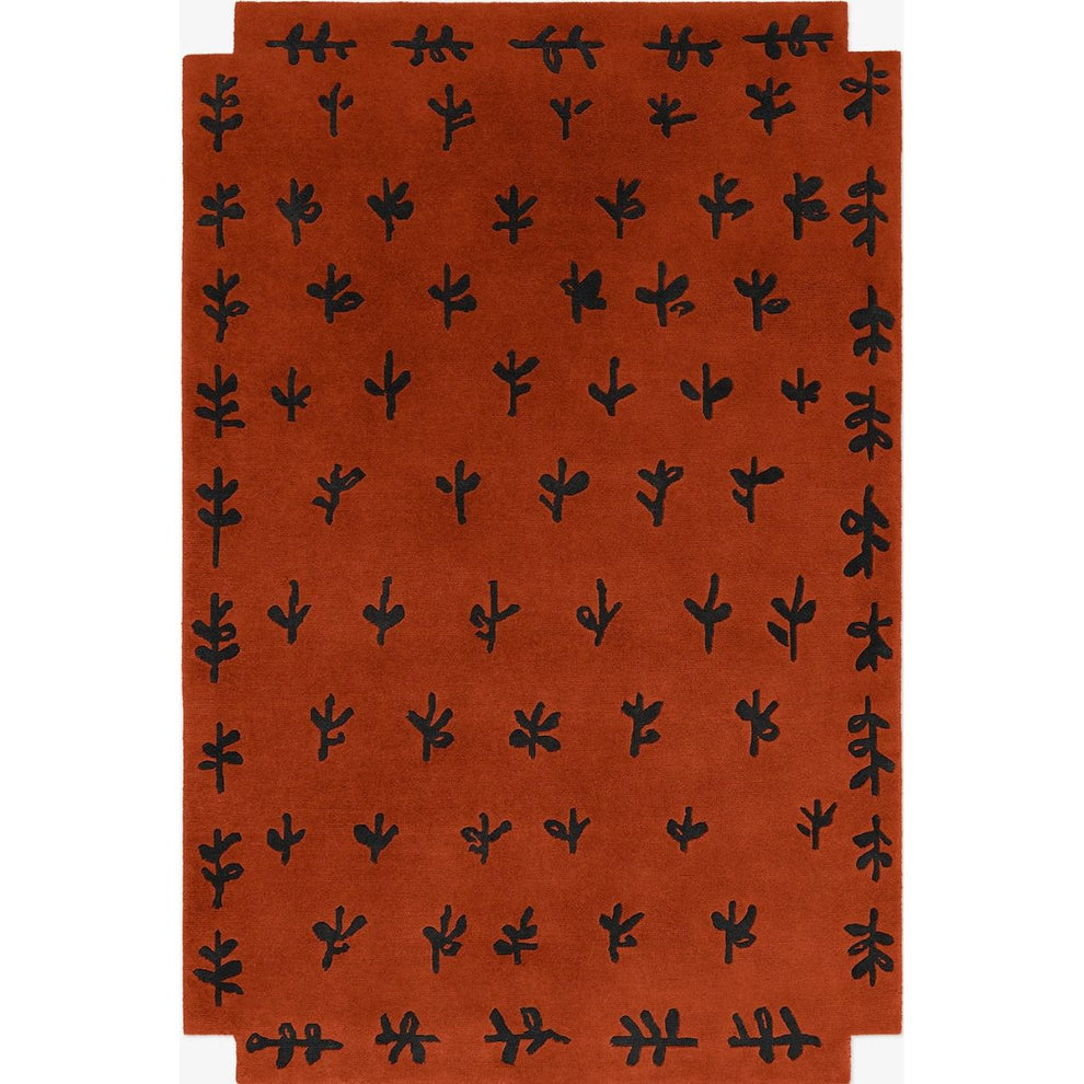 Modern Rust Red Area Rug with Black Leaf Pattern – Contemporary Abstract Botanical Carpet for Living Room & Bedroom Décor