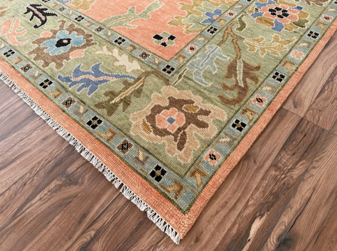 Hand Knotted Oushak Rug – Terracotta Turkish Wool Area Rug with Floral Motifs