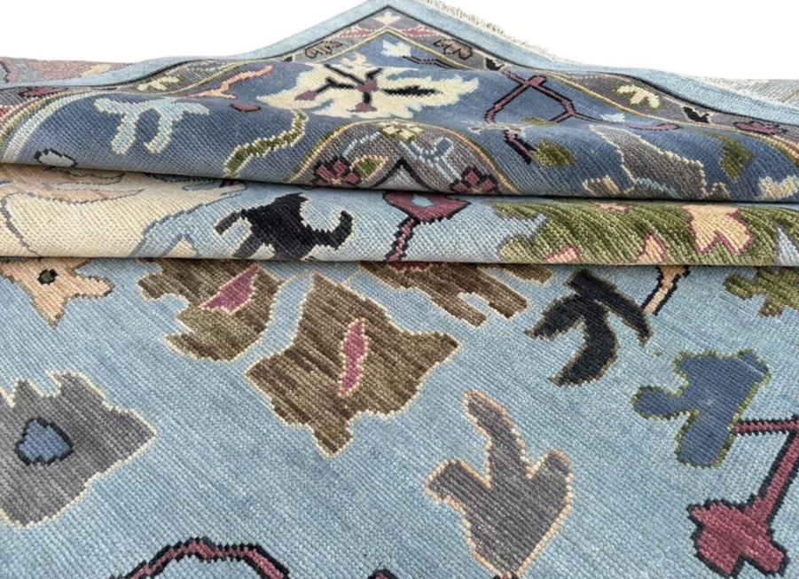 Hand Knotted Oushak Rug Turkish Style | Vintage Boho Area Carpet | Living Room Oriental Wool Rug