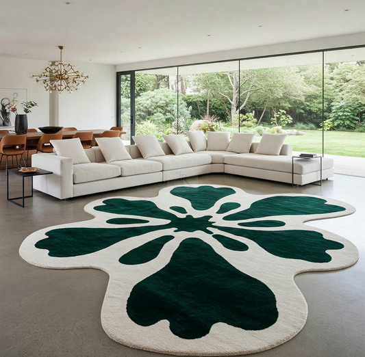 Irregular Abstract Flower Shaped Area Rug – Modern Green and White Carpet for Living Room Decor – Unique Statement Floor Mat