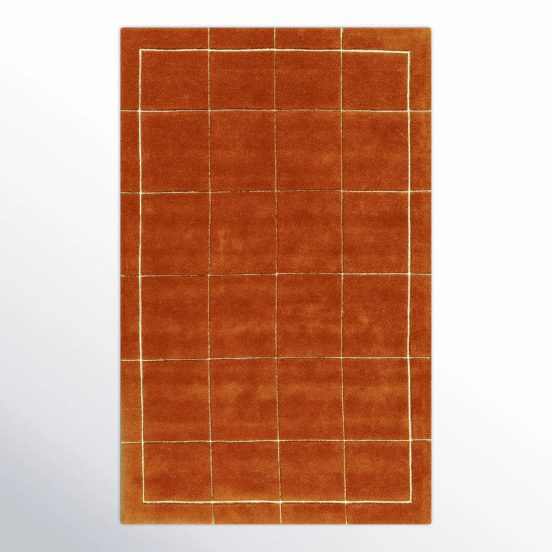 Artisan Hand-Tufted Terracotta Wool Rug | Grid and Border Design for a Warm, Modern Feel