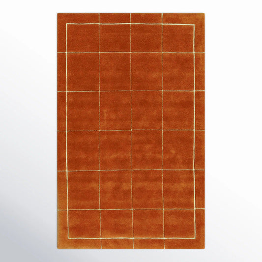 Artisan Hand-Tufted Terracotta Wool Rug | Grid and Border Design for a Warm, Modern Feel