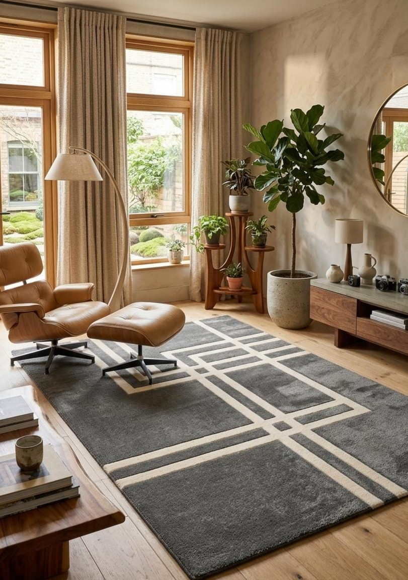 Modern Geometric Hand Tufted Rug, Charcoal Gray Area Rug, Scandinavian Minimalist Wool Carpet, Contemporary Living Room Rug, Abstract Line Design Rug