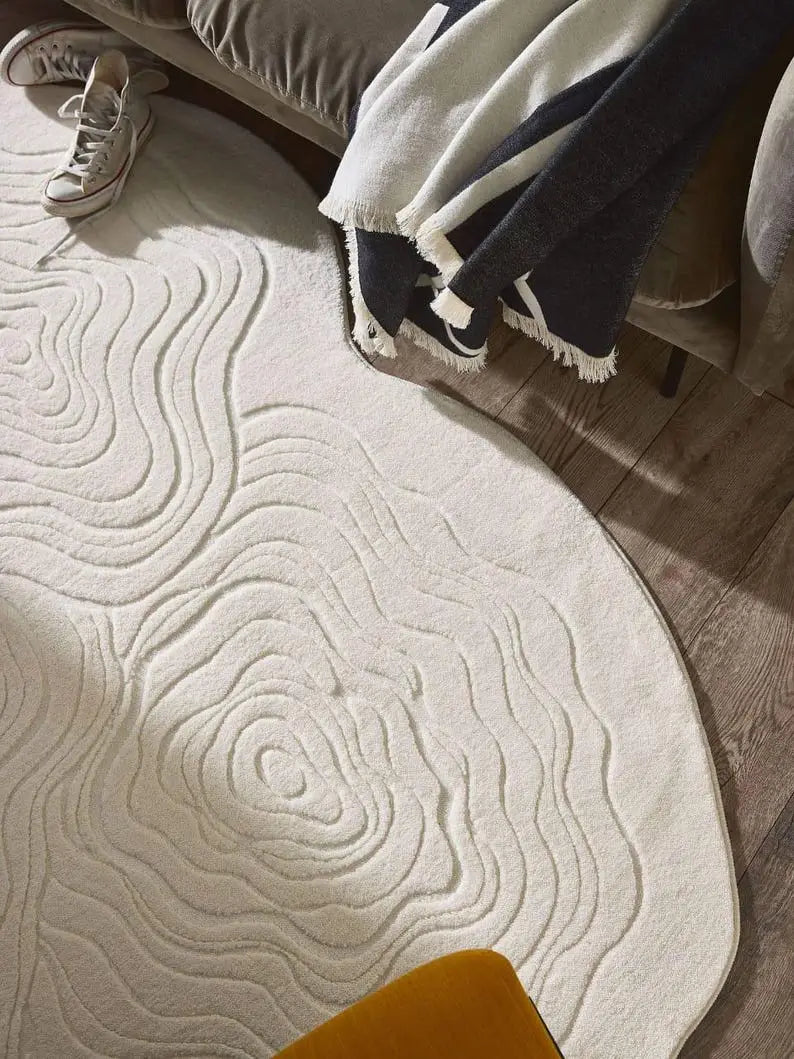 Organic Shaped White Hand-Tufted Rug | Modern Abstract 3D Textured Area Carpet | Minimalist Sculptural Accent Rug for Living Room & Bedroom