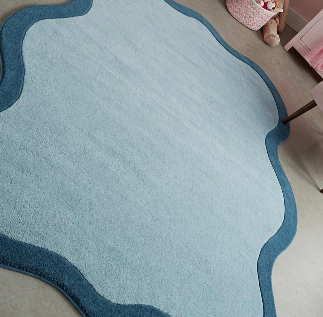 Blue Irregular Wavy Edge Area Rug – Soft Modern Carpet for Kids Room, Nursery, or Bedroom – Unique Playful Floor Mat