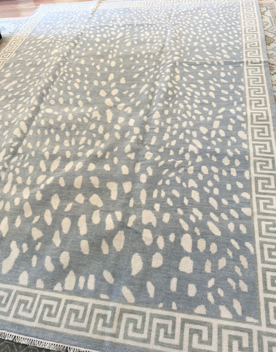 Hand Knotted Oushak Rug – Blue Modern Antelope Pattern with Greek Key Border | Luxury Wool Area Carpet