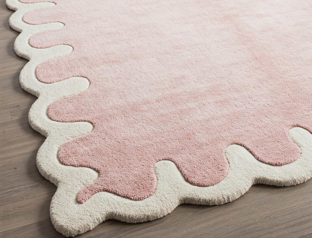Modern Pink Wavy Edge Area Rug – Soft Plush Aesthetic Carpet for Living Room & Bedroom